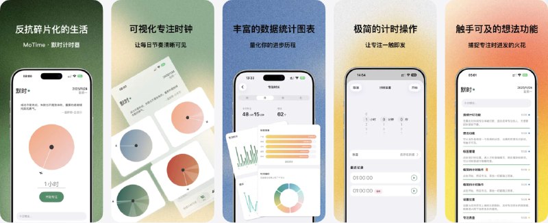  #应用限免  软件名称：默时 MoTime  支持平台：#iOS 18.0+  软件价格：￥8.00 -> ¥0.00  软件简介：一款极简专注计时器，将番茄工作法与一万小时定律结合，提供可视化专注时钟、极简计时操作、随手记录灵感想法的功能，并通过数据统计图表、志向页与自定义标签体系，帮助量化专注进度、追踪长期目标