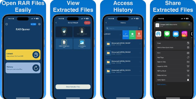  #应用限免  软件名称：RAR Opener  支持平台：#iOS 16.0+  软件价格：内购限免  软件简介：一款RAR文件解压工具，可快速打开和提取RAR文件内容，支持单个文件或整个文件夹的提取操作，提供历史记录查看，访问最近打开的文件，帮助您快速处理iOS设备无法直接处理的文件
