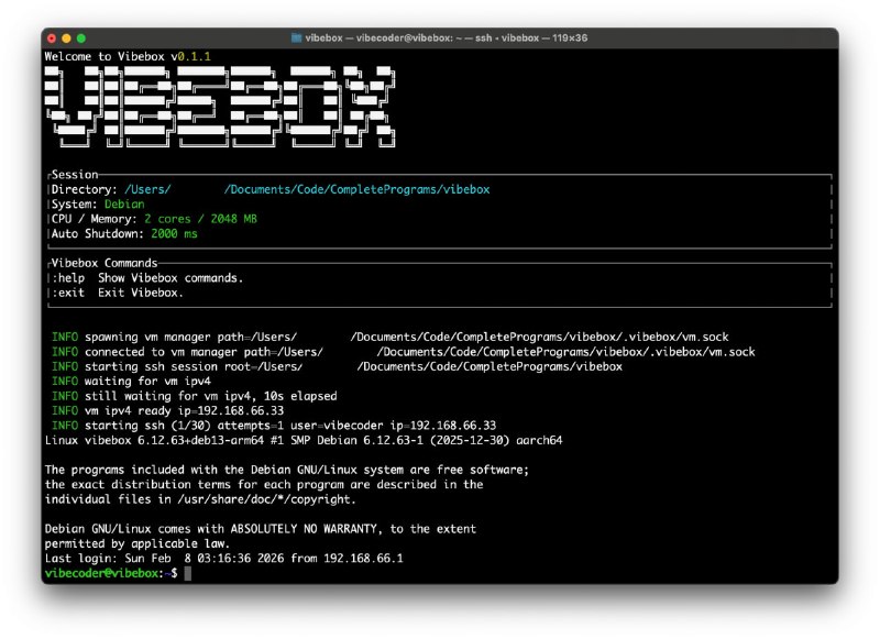  #优质应用  软件名称：VibeBox  支持平台：#macOS   软件价格：免费  软件简介：一个超快速命令行工具，为每个项目提供微型虚拟机（micro-VM）沙盒环境，以便安全地运行编码代理