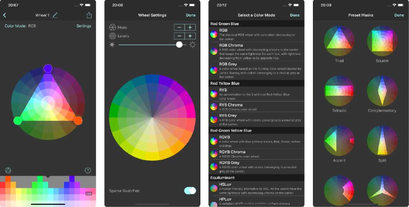  #应用限免  软件名称：WheelMasks  支持平台：#iOS 16.0+  软件价格：内购限免  软件简介：一款用于绘画和插图的实用工具，可用于创建和生成各类调色方案