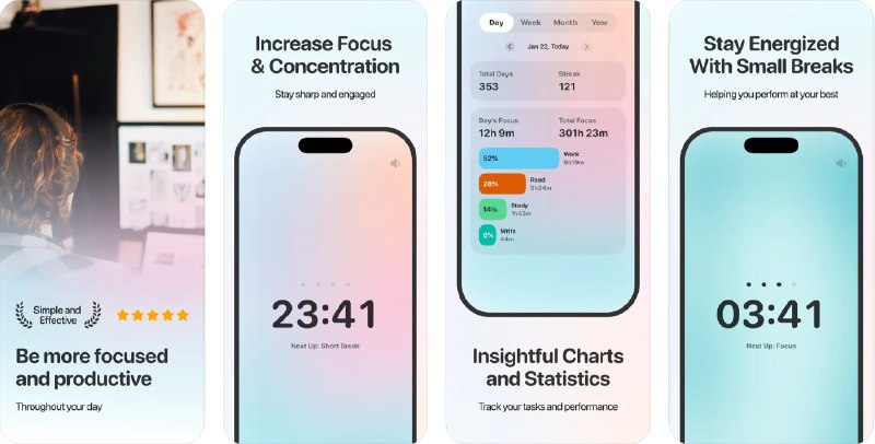  #应用限免  软件名称：Pomodoro Timer | Stay Focused  支持平台：#iOS 17.0+  软件价格：内购限免（若无限免重启应用）  软件简介：一款专注于提高生产力和专注力的应用，帮助您有效管理时间，无论是在工作、学习还是完成待办事项都能最大化利用时间