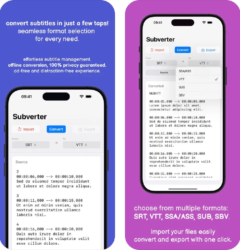  #应用限免  软件名称：Subverter  支持平台：#iOS 16.0+  软件价格：¥15.00 -> ¥0.00  软件简介：一款快速转换字幕格式的应用，适合视频编辑、内容创作者或爱好者使用