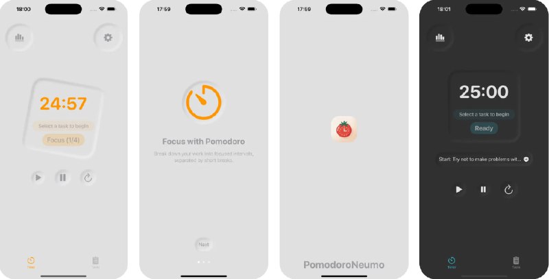  #应用限免  软件名称：Pomodoro Timer Neumorphism  支持平台：#iOS 18.2+  软件价格：￥15.00 -> ¥0.00  软件简介：一款番茄钟应用，支持自定义专注、短休与长休时长；内置任务管理（优先级、备注、完成标记、为每个任务累计番茄数）；提供进度统计与趋势可视化、连续专注天数、主题切换；到点提醒与后台通知、细腻提示音与流畅动画，营造低干扰、舒适的专注环境