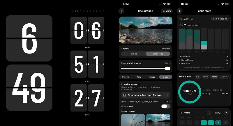  #应用限免  软件名称：FlipScape · 翻页专注时钟  支持平台：#iOS 17.0+  软件价格：内购限免  软件简介：一款将动态场景氛围与翻页时钟结合的专注应用，支持晨/午/昏/夜氛围切换、多款翻页表盘与主题、普通专注与番茄计时、白噪音环境音、备忘录提醒
