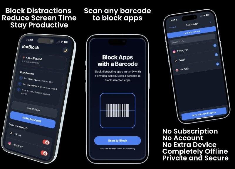  #应用限免  软件名称：BarBlock: Barcode App Blocker  支持平台：#iOS 15.1+  软件价格：￥8.00 -> ¥0.00  软件简介：一款通过扫描实体条码来锁定手机应用的效率工具，用身边任意条码（书本、食品包装等）作为解锁钥匙，创造有意识的使用停顿，帮助减少屏幕时间