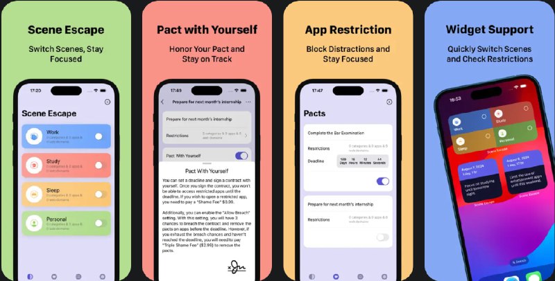  #应用限免  软件名称：SceneEscape|平衡工作生活，保持自我专注  支持平台：#iOS 17.0+  软件价格：内购限免  软件简介：一款帮助您提升专注力和效率的应用，您可以根据需要设置不同的场景来隐藏不同的APP，例如学习场景下隐藏社交、游戏软件，防止您分心
