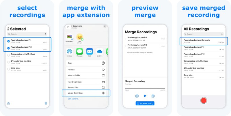  #应用限免  软件名称：Merge Voice Memos  支持平台：#iOS 16.0+  软件价格：¥25.00 -> ¥0.00  软件简介：一款快速合并语音备忘录的应用