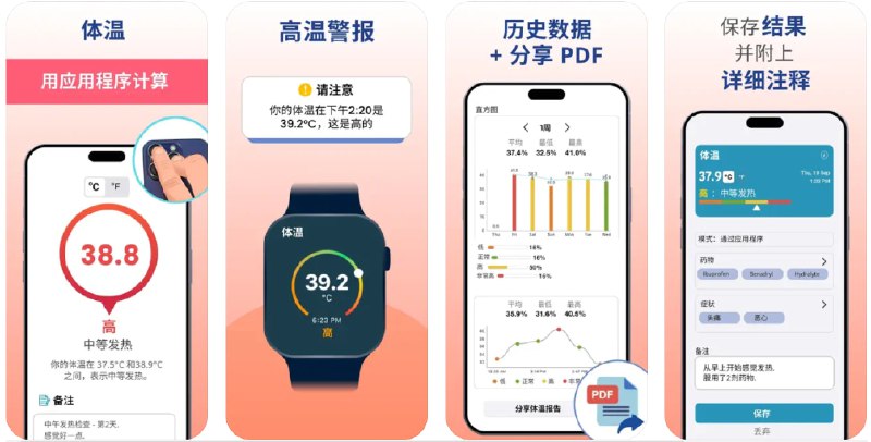  #应用限免  软件名称：体温计, 温度计 - 体温  支持平台：#iOS 13.0+  软件价格：内购限免  软件简介：一款个人健康管理应用，设计用于帮助您记录和追踪体温变化