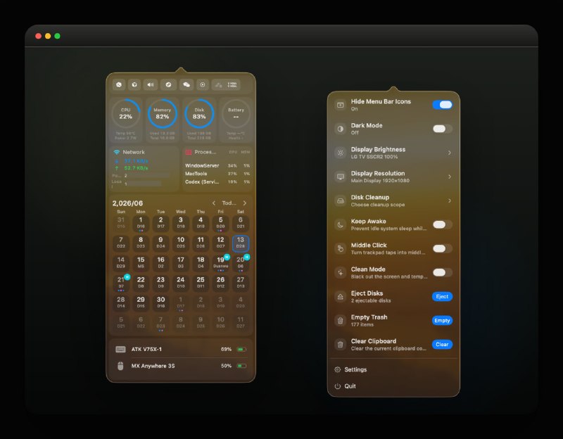  #优质应用  软件名称：MacTools  支持平台：#macOS   软件价格：免费  软件简介：一款免费开源的原生 macOS 菜单栏工具集，集中管理显示器、清理、休眠、启动台、系统状态、电池、风扇和插件市场，提供便捷的系统控制和状态监控