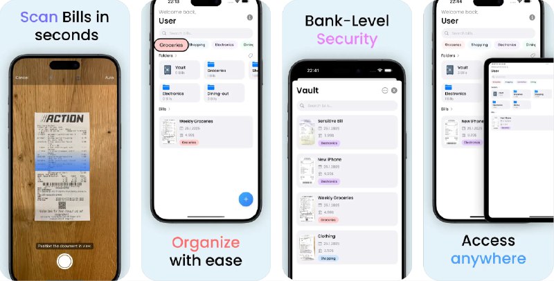  #应用限免  软件名称：Billify: Scan your bills  支持平台：#iOS 16.6+  软件价格：内购限免  软件简介：一款简洁的收据管理应用，主要功能包括快速收据扫描、智能分类、关键词搜索、支出跟踪、多设备同步等，让您可以随时掌握自己的支出情况