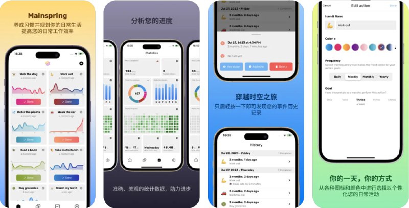  #应用限免  软件名称：Habit Tracker - Mainspring  支持平台：#iOS 13.0+  软件价格：内购限免  软件简介：一款提升个人生产力的应用，帮助您有效管理日常任务和养成新习惯