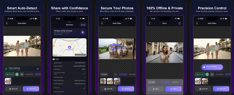  #应用限免  软件名称：BlurPass - Privacy Photo Editor  支持平台：#iOS 26.0+  软件价格：￥8.00 -> ¥0.00  软件简介：一款专注隐私保护的照片编辑器，通过机器学习技术自动检测并模糊人脸和文本，同时彻底清除照片中的隐藏元数据（EXIF/GPS信息）