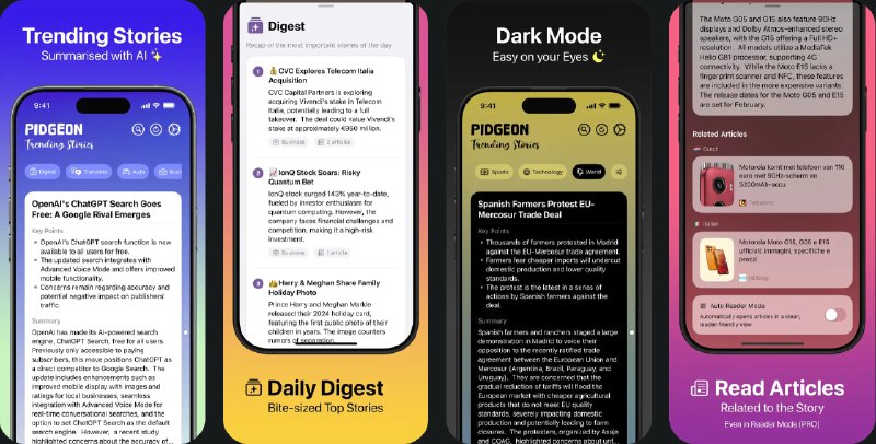  #应用限免  软件名称：Pidgeon - Smart Trending News  支持平台：#iOS 18.0+  软件价格：内购限免  软件简介：一款智能新闻阅读器，提供全球头条新闻、即时洞察和 AI 生成的新闻摘要