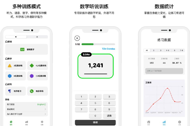  #应用限免  软件名称：英语听数字  支持平台：#iOS 16.1+  软件价格：￥8.00 -> ¥0.00  软件简介：一款数字听力训练应用，帮助您提高英语数字的听力准确率和反应速度，让听力像“母语一样简单”