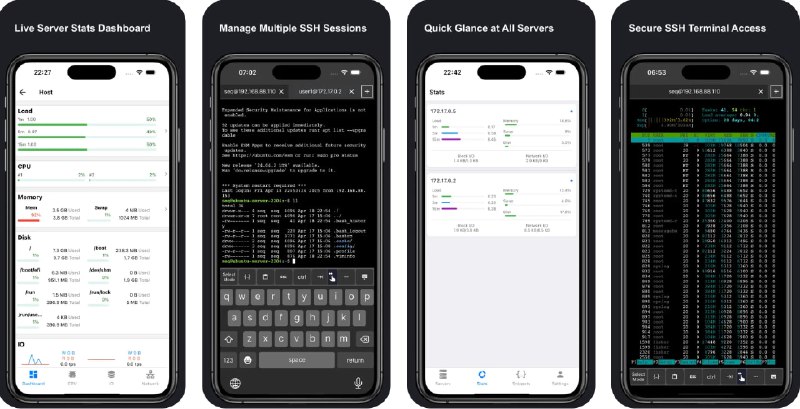  #应用限免  软件名称：SSH Client Pro - Stats & Shell  支持平台：#iOS 13.0+  软件价格：$98.00 -> ¥0.00（外区限免）  软件简介：一款功能全面的 SSH 终端与服务器监控工具，适合开发者、系统管理员，支持实时服务器性能监控（CPU、内存、磁盘、网络等）、多服务器批量命令执行、SFTP 文件管理、SSH 多会话切换、SOCKS5 代理、跳板机、实时 Ping 监控等高级功能