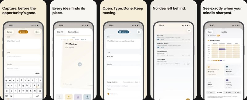  #应用限免  软件名称：Prod-灵感捕捉与追踪  支持平台：#iOS 26.0+  软件价格：内购限免  软件简介：一款专注灵感捕捉的效率工具，能在数秒内记录想法，可通过滑动快速将想法标记为活跃、暂停或归档，还能追踪你的创意习惯和最佳时段，帮助你把转瞬即逝的灵感留存下来