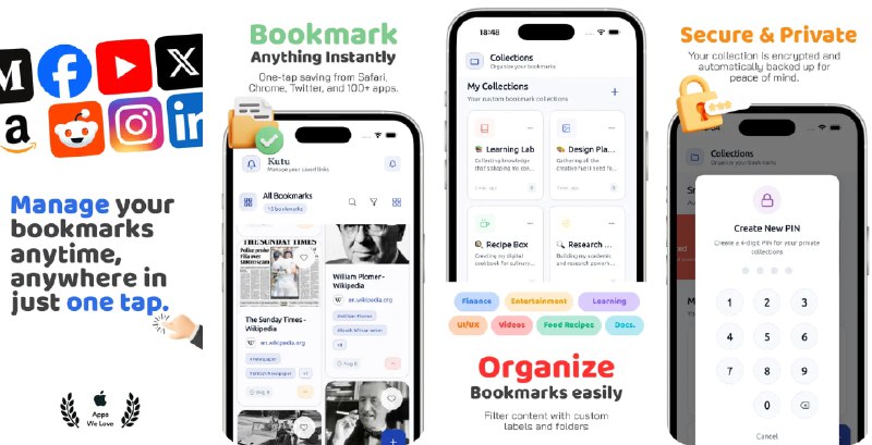  #应用限免  软件名称：Kutu: Bookmark Manager  支持平台：#iOS 14.0+  软件价格：内购限免  软件简介：一款智能书签管理工具，支持一键从任何浏览器或应用保存链接，自动使用高级算法分类网站并创建智能收藏集