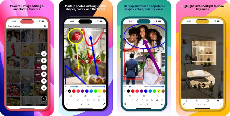  #应用限免  软件名称：Snap Markup - 注释工具  支持平台：#iOS 14.0+  软件价格：¥15.00 -> ¥0.00  软件简介：一款强大的图像注释工具，您可以对照片和屏幕截图进行快速标注和注释，支持包括多种绘图工具、文本框和形状来突出显示重要信息，轻松表达想法