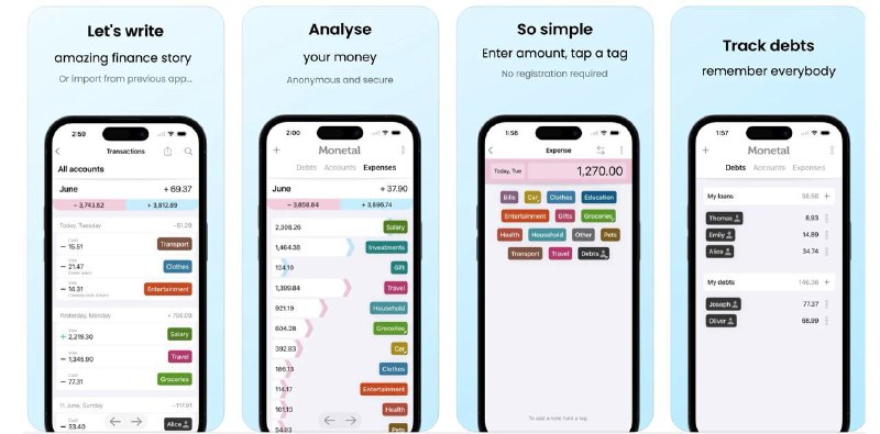  #应用限免  软件名称：Monetal - Expense Tracker  支持平台：#iOS 14.1+  软件价格：¥6.00 -> ¥0.00  软件简介：一款个人财务管理应用，提供预算编制、费用跟踪和债务管理功能，界面简洁直观