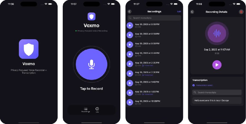 🧭 #应用限免 📂 软件名称：Voxmo - Record and Transcribe 🍏 支持平台：#iOS 18.5+ 📊 软件价格：￥8.00 -> ¥0.00 🪟 软件简介：一款转录应用，提供高质量的录音和语音转文字功能，适合需要保密会议记录、个人灵感捕捉或学习笔记转录的场景