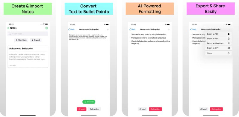  #应用限免  软件名称：Bulletpoint: AI Text Converter  支持平台：#iOS 14.0+  软件价格：¥1.99 -> ¥0.00（外区）  软件简介：一款基于人工智能的文本转换工具，可帮助您将冗长的文本转换成精简的要点，适用于需要快速获取信息的用户，无论是处理文献、报告还是邮件，这款应用都可以通过自动化的方式提供简洁明了的摘要，提升工作和学习效率