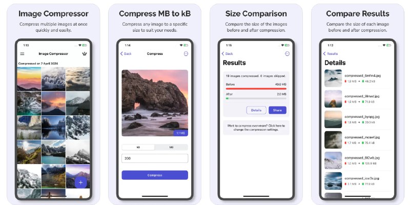  #应用限免  软件名称：Image Compressor: MB to kB  支持平台：#iOS 16.0+  软件价格：内购限免  软件简介：一款图像压缩应用，允许快速轻松地压缩多个 JPG 和 PNG 图像