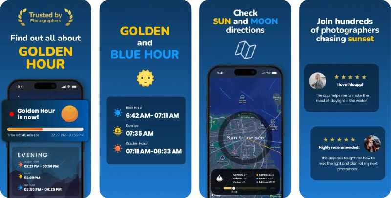  #应用限免  软件名称：Golden Hour Sunset Photography  支持平台：#iOS 15.0+  软件价格：内购限免  软件简介：一款专为摄影师和户外爱好者打造的日照与光线追踪工具