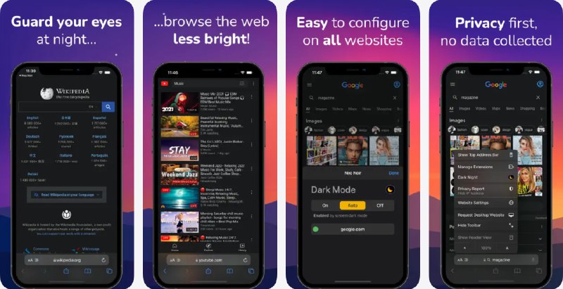  #应用限免  软件名称：Dark Night - mode for Safari  支持平台：#iOS 15.0+  软件价格：免费  软件简介：一款为 Safari 浏览器带来深色阅读体验的扩展工具，它能够为你访问的每一个网页自动添加美观且护眼的夜间主题，显著缓解夜间浏览的视觉疲劳