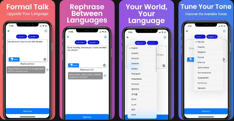  #应用限免  软件名称：Rephraser  支持平台：#iOS 16.0+  软件价格：内购限免  软件简介：一款AI驱动的改写和语法修正工具，可轻松改写句子、调整语气、提升表达清晰度，支持多种语言，在保留原意的基础上转换文本，适合专业人士、学生和创意工作者使用