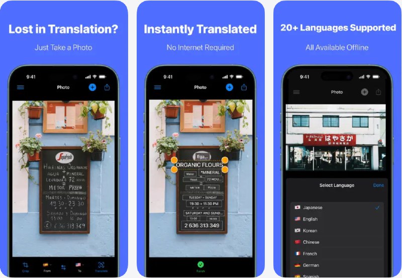  #应用限免  软件名称：Picture Translator: Translate  支持平台：#iOS 18.0+  软件价格：内购限免  软件简介：一款支持离线使用的智能图片翻译工具，采用先进OCR技术和本地AI翻译，只需拍照即可识别并翻译菜单、招牌、文件等文字内容，支持超过10种语言，可自动识别语言，翻译结果会直接覆盖在原文上，清晰易懂，帮助你在国外、偏远地区时无障碍交流