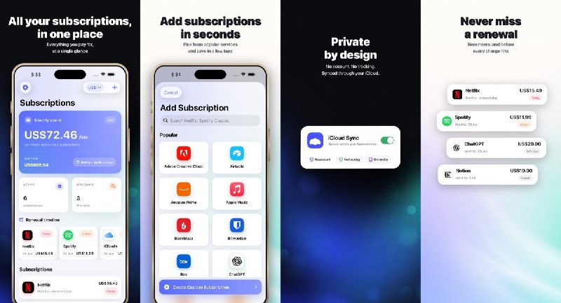  #优质应用  软件名称：Tabi: Subscription Tracker-Bill reminders & spending  支持平台：#iOS 17.0+  软件价格：免费  软件简介：一款简洁的订阅管理工具，支持追踪流媒体、音乐、AI 工具、云存储等各类订阅服务的到期时间和费用支出，提供续费提醒、多币种支持、3000+ 服务品牌库快速添加，以及通过截图 / 收据导入订阅信息