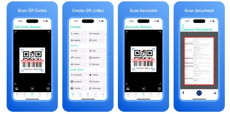  #应用限免  软件名称：Scanner QR Code & Barcode  支持平台：#iOS 13.0+  软件价格：内购限免  软件简介：一款提供安全的QR码和条形码扫描功能的应用，您可以为您的Wifi、文本、地址、网页、社交媒体链接创建和分享多种带有加密密钥的QR码，还支持扫描文档  软件下载：点击下载