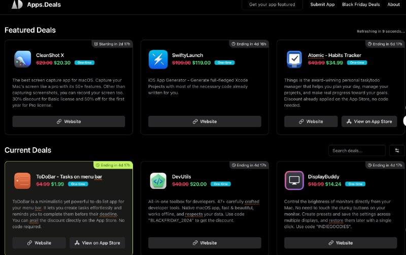  #优惠活动  网站名称：Apps.Deals  支持平台：#macOS  网站简介：一个展示适用于macOS的应用优惠的网站，有屏幕截图和录制软件、任务管理器、时间管理工具、各种开发者工具、窗口管理器、文件管理以及AI助手等都在促销