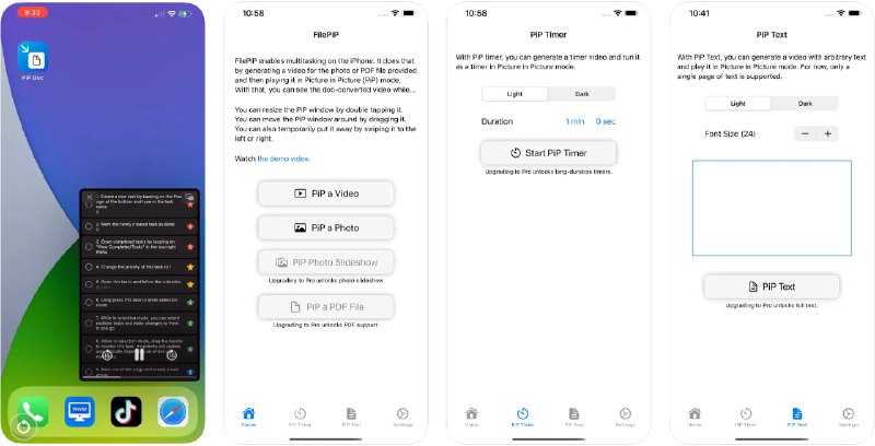  #应用限免  软件名称：FilePiP: PDF, Timer, Photos  支持平台：#iOS 15.0+  软件价格：内购限免  软件简介：一款能够在 iPhone 上实现多任务操作的应用，它支持将文档、PDF、照片、视频以及计时器以画中画（Picture in Picture，简称PiP）模式显示，使您能够在使用其他应用时查看或操作这些内容，支持显示PDF文件、单张照片、视频以及计时器