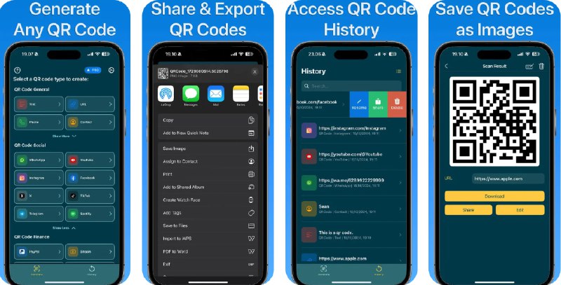  #应用限免  软件名称：二维码制作器 - 生成器  支持平台：#iOS 16.6+  软件价格：内购限免  软件简介：多用途二维码生成器，支持为文本、网址、电话、联系人、短信、邮件、Wi‑Fi、位置、日历事件等创建二维码；亦可生成社交平台（WhatsApp、YouTube、Instagram、Facebook、X、TikTok、Telegram、Spotify）及金融支付/加密资产（PayPal、Bitcoin、Ethereum、USDT、USDC）二维码