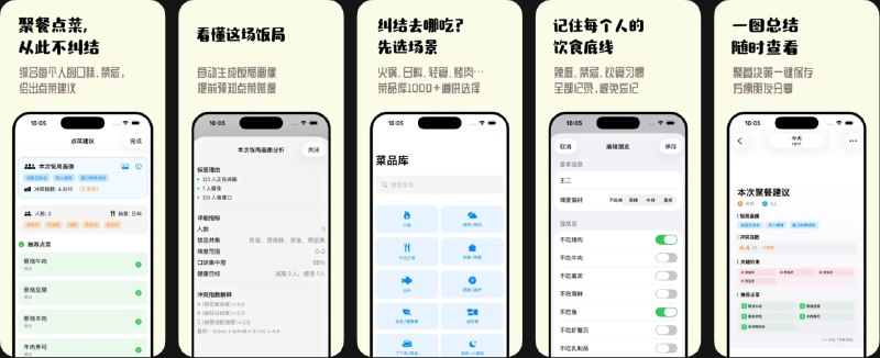  #优质应用  软件名称：聚餐管家 - 多人聚餐冲突管理系统  支持平台：#iOS 16.0+  软件价格：免费  软件简介：一款聚餐点菜决策工具，您只需提前记录朋友的饮食偏好与禁忌，每次聚餐选择参与的人和用餐场景，应用便会自动生成合理的点菜建议、避雷提醒与冲突分析，帮助解决