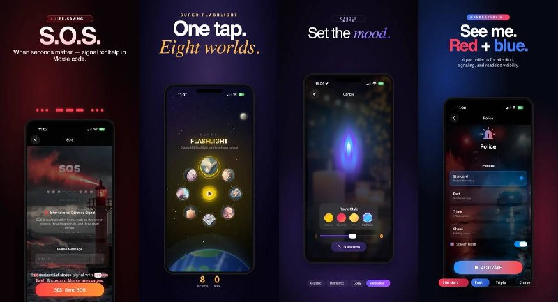  #应用限免  软件名称：Super Flashlight  支持平台：#iOS 26.0+  软件价格：￥8.00 -> ¥0.00  软件简介： 一款强力手电筒应用，拥有 LED 手电、屏幕灯、频闪、SOS 求救信号、彩色特效（脉冲/彩虹/渐变/波浪/呼吸）、蜡烛氛围灯（经典/浪漫/舒适/冥想）、警灯闪烁和迪斯科音乐律动共 8 种模式，适合日常照明、紧急情况、派对氛围等场景
