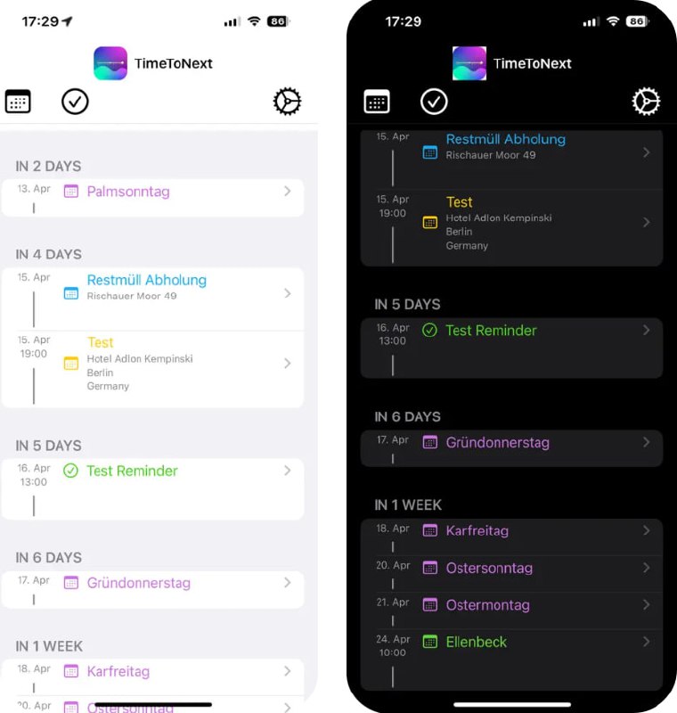  #应用限免  软件名称：TimeToNext  支持平台：#iOS 18.0+ #macOS 10.15+  软件价格：￥8.00 -> ¥0.00  软件简介：一款日程助手工具，通过访问你的日历或提醒事项权限，能够显示距离、出发时间、事件开始时间等多个关键节点