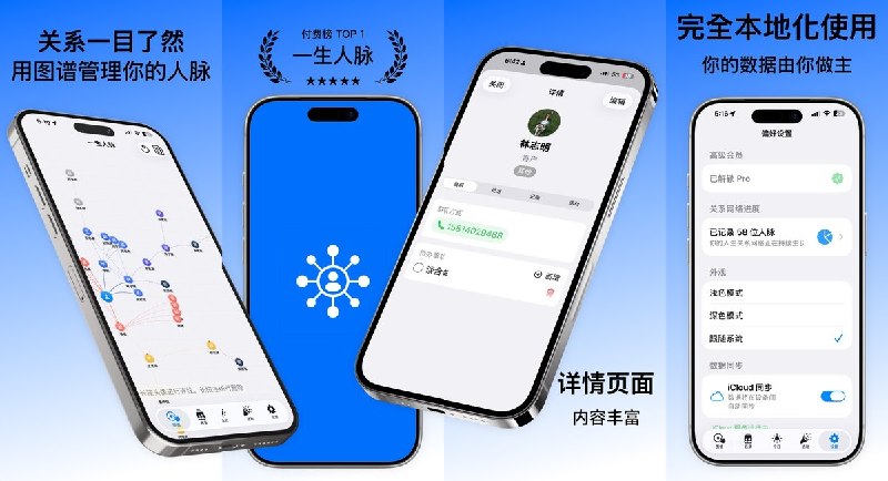  #应用限免  软件名称：一生人脉  支持平台：#iOS 17.6+  软件价格：内购限免  软件简介：一款以自己为中心的个人关系记录与人脉管理工具，支持建立人脉关系图谱、记录认识背景与互动往来、将待办关联到具体联系人、保存活动记录、管理生日纪念日