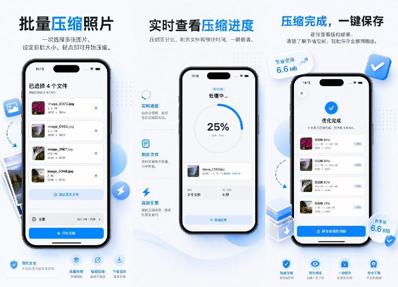  #应用限免  软件名称：轻图 PicZip - 图片压缩与尺寸调整  支持平台：#iOS 15.6+  软件价格：￥8.00 -> ¥0.00  软件简介：一款简洁高效的图片压缩与尺寸调整工具，支持按目标大小（KB/MB）压缩、自定义宽高缩放、单张或批量处理，处理完成后可批量导出到相册