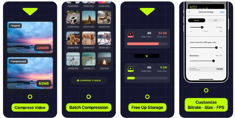  #应用限免  软件名称：Compress: Video Compressor  支持平台：#iOS 12.1+  软件价格：¥18.00 -> ¥0.00  软件简介：一款视频压缩应用，允许您在设备上压缩视频以节省存储空间，而不会影响内容的质量