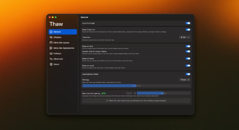  #优质应用  软件名称：Thaw  支持平台：#macOS   软件价格：免费  软件简介：一个 macOS 顶级开源菜单栏管理工具（零遥测、不买断、不订阅，把菜单栏主权彻底还给你）