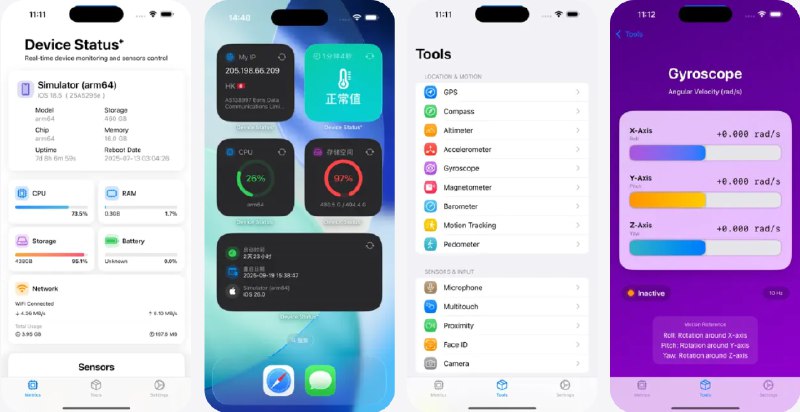  #应用限免  软件名称：Device Status⁺  支持平台：#iOS 17.0+  软件价格：内购限免  软件简介：一款设备状态监控与管理工具，能够快速直观地查看设备的各类关键硬件信息