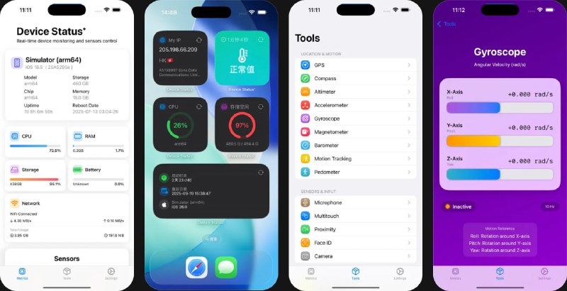  #应用限免  软件名称：Device Status⁺  支持平台：#iOS 17.0+  软件价格：内购限免  软件简介：一款设备状态监控查看管理APP，帮助您掌控应用对传感器的各种信息和参数