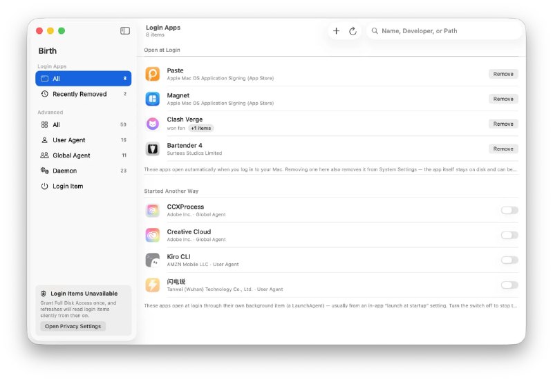  #优质应用  软件名称：Birth  支持平台：#macOS   软件价格：免费  软件简介：一款完全开源透明的 macOS 深度启动项管理器，直击底层 launchd（PID 1）守护进程与后台项