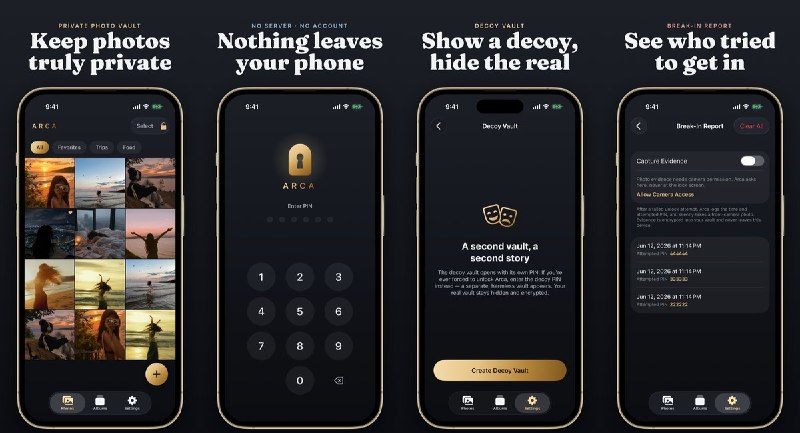  #应用限免  软件名称：Arca - Private Photo Vault  支持平台：#iOS 18.0+  软件价格：内购限免  软件简介： 一款注重隐私的照片视频加密保险库，采用 AES-256 加密，所有数据本地存储