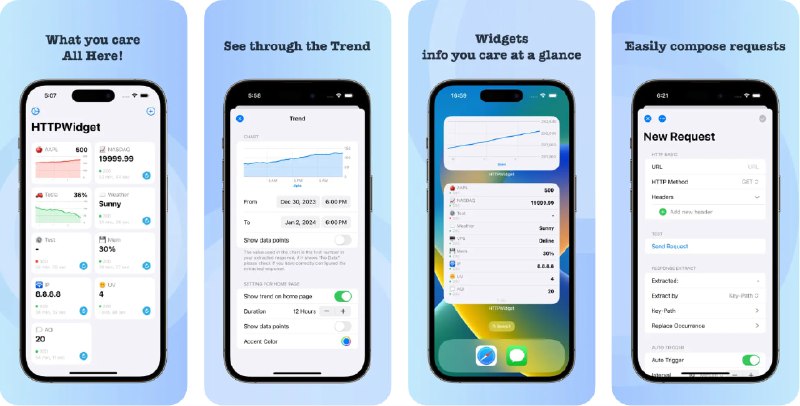  #优质应用  软件名称：HTTPWidget  支持平台：#iOS 15.0+  软件价格：免费  软件简介：一款支持自定义HTTP(S)请求的实用开发辅助工具，不仅适用于开发者，任何了解HTTP基础的用户都能轻松上手