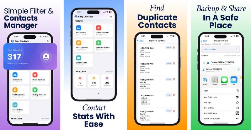  #应用限免  软件名称：Easy Contacts  支持平台：#iOS 16.0+  软件价格：内购限免  软件简介：一款通讯录清理管理工具，支持智能检测合并重复联系人（相同姓名/电话/邮箱）、删除不完整条目（无名/无号/无邮箱）、一键备份恢复（.vcf格式），操作前预览确认不误删