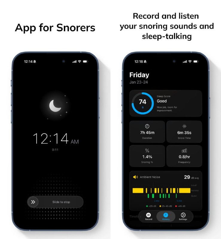  #应用限免  软件名称：Snorify  支持平台：#iOS 26.0+  软件价格：内购限免  软件简介：一款基于机器学习的鼾声和梦话检测应用，能自动录制夜间打鼾和说梦话的音频片段，支持睡眠历史记录和实时活动（灵动岛），所有数据仅保留在本地
