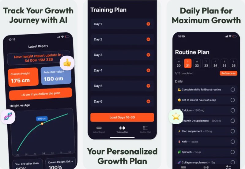  #应用限免  软件名称：Taller ai height increase  支持平台：#iOS 18.1+  软件价格：内购限免  软件简介： 一款帮助自然增高的AI健身应用，结合科学拉伸、姿势矫正和AI定制训练计划，帮助您站得更高、感觉更自信